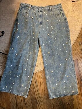 SHEIN Blue Pearl-Embellished Wide-Leg Jeans
